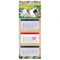 Календарь квартальный с бегунком 2023 г., 3 блока, 4 гребня, СуперЛюкс, "Год Кролика", HATBER, 3Кв4гр2ц_26235