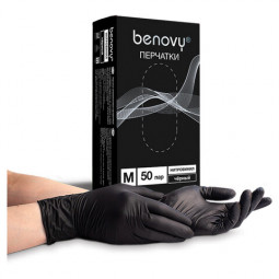 Перчатки одноразовые нитровиниловые 50 пар (100 штук), размер M (средний), черные, BENOVY, -