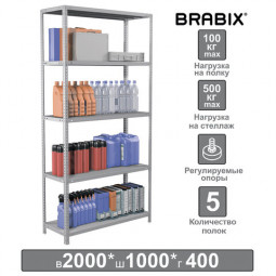 Стеллаж металлический BRABIX "MS Plus-200/40-5", 2000х1000х400 мм, 5 полок, регулируемые опоры, 291109, S241BR164502