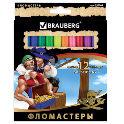 Фломастеры BRAUBERG "Корсары", 12 цветов, вентилируемый колпачок, картонная упаковка с золотистым тиснением, 150564