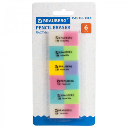 Набор ластиков BRAUBERG "Pastel Mix", 6 шт., цвета ассорти, 44х21х10 мм, экологичный ПВХ, 229597