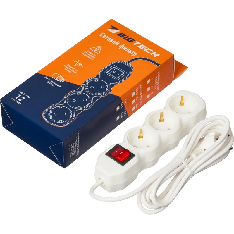 Сетевой фильтр BigTech ST310-3-W(3р/3м/10А/2,2кВт/3х0,75 мм2/белый)