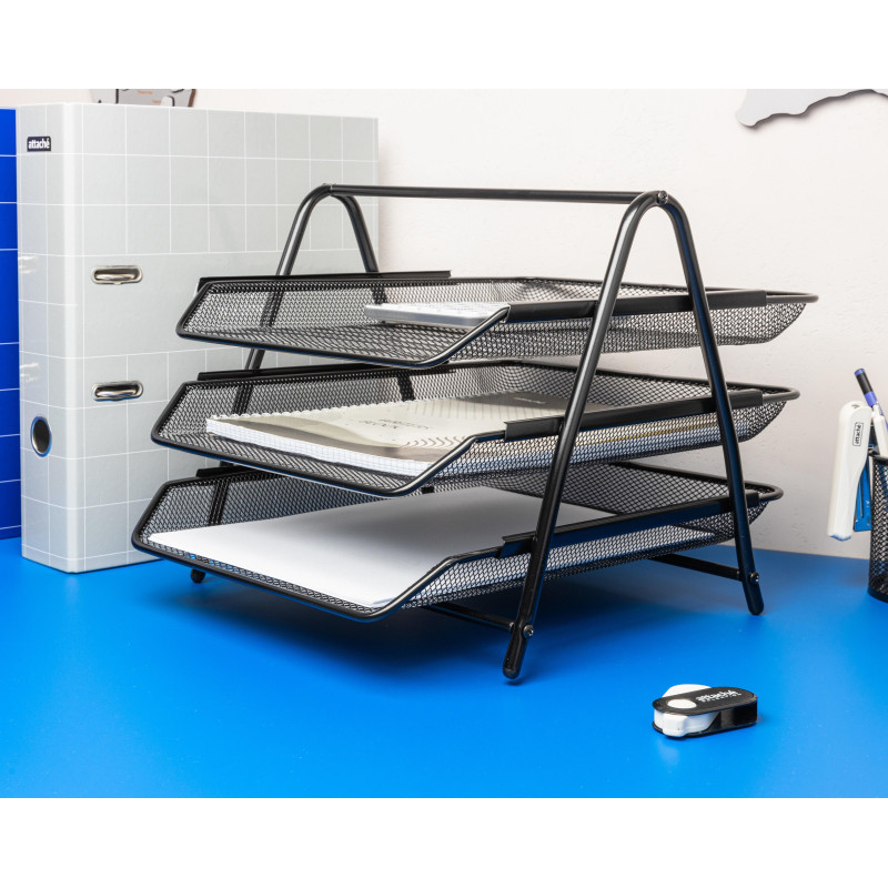 Лоток горизонтальный для бумаг 3секции Attache 265x335x275мм металл черный