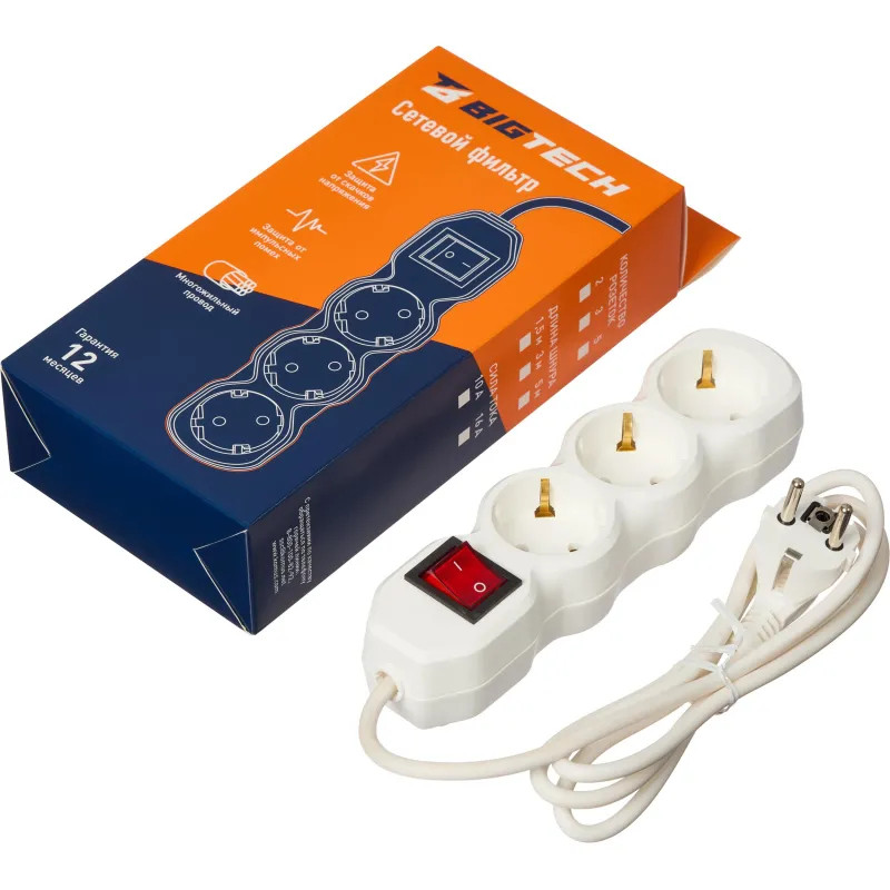 Сетевой фильтр BigTech ST316-1,5-W(3р/1,5м/16А/3,5кВт/3х1 мм2/белый)