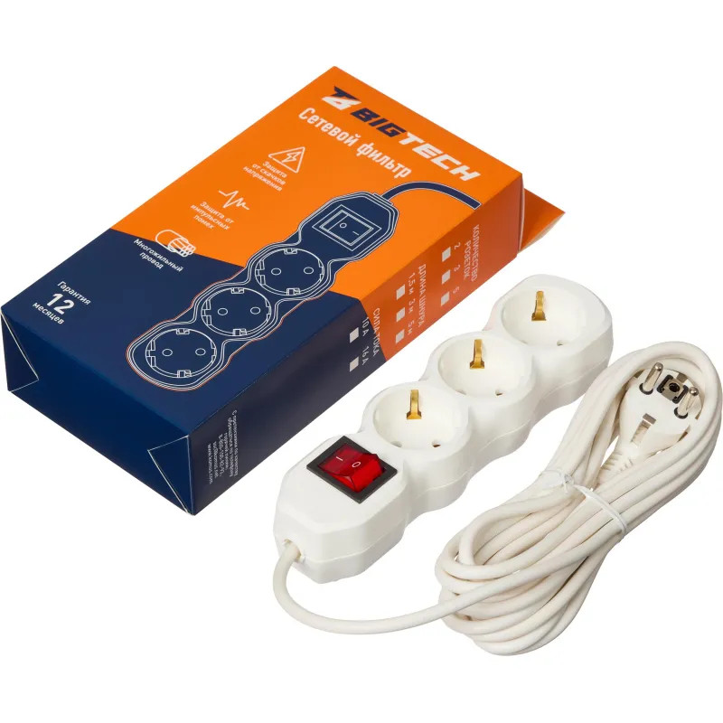 Сетевой фильтр BigTech ST316-5-W(3р/5м/16А/3,5кВт/3х1 мм2/белый)