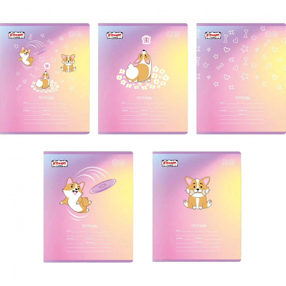 Тетрадь школьная А5 12л клетка Комус Класс Корги, в ассортименте, 2021680