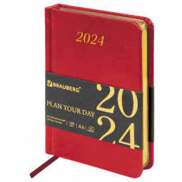 Ежедневник датированный 2024 МАЛЫЙ ФОРМАТ 100х150 мм А6, BRAUBERG "Iguana", под кожу, красный, 114785
