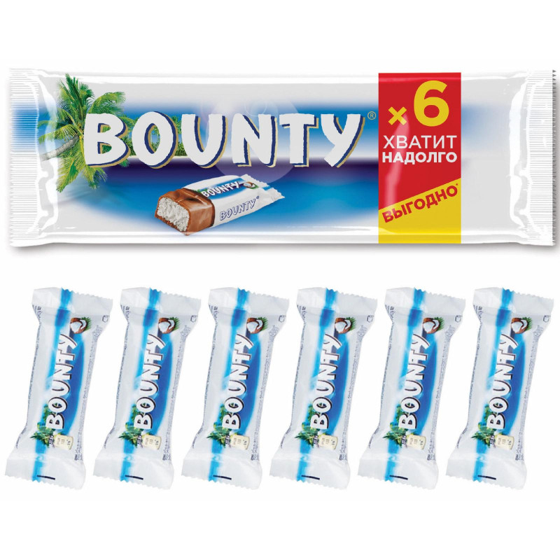 Шоколадный батончик Bounty с мякотью кокоса, 27,5гx6шт/уп