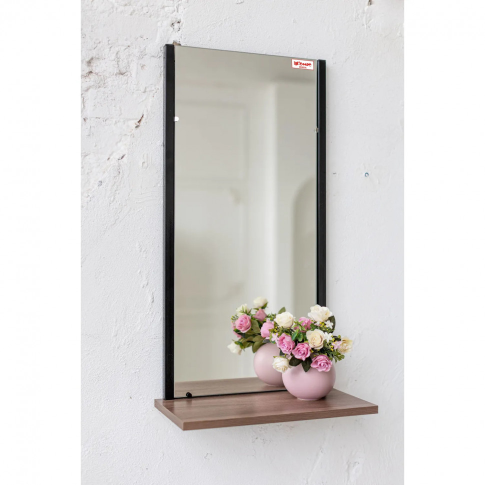 Зеркало настенное TI_Мюлен/полка 420x783 мет.чер/ЛДСП яс.шимо темн