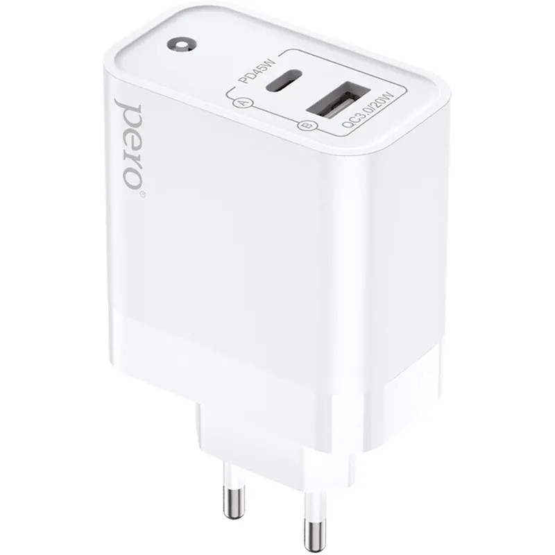Зарядное устройство сетевое PERO TC15 USB-A QC3.0 + USB-C PD, 65W белый