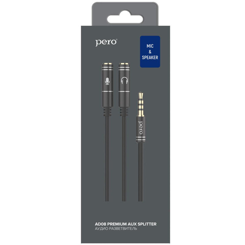 Разветвитель аудио PERO AD08 PREMIUM AUX SPLITTER MIC + SPEAK, черный