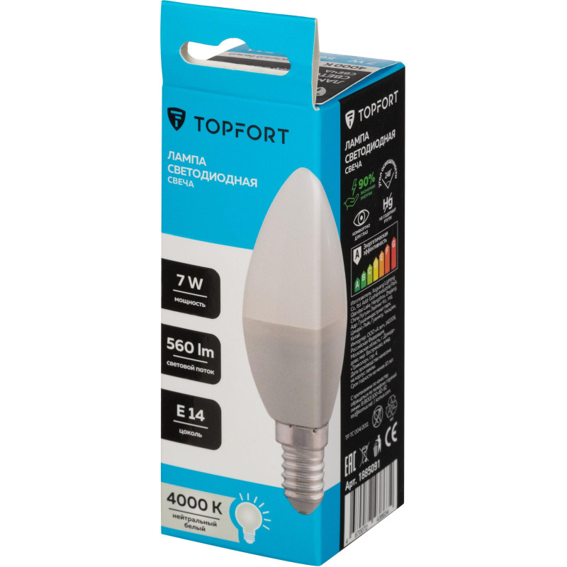 Лампа светодиодная Topfort E14 7W 4000K свеча