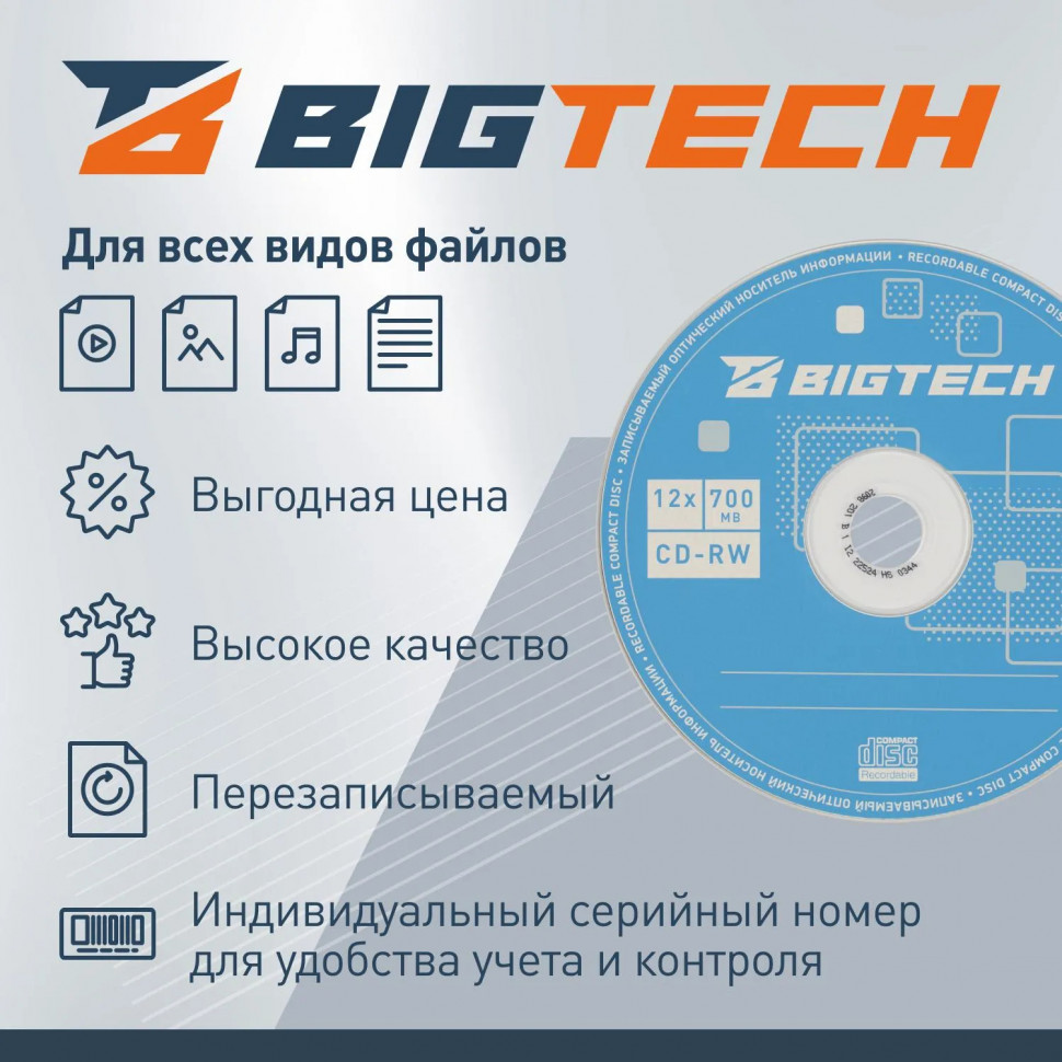 Носители информации Bigtech YCDRWB003 CD-RW/700МБ/12x/1шт конверт белый