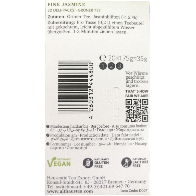 Чай Althaus Deli Pack Fine Jasmine ,20пак x 1,75г