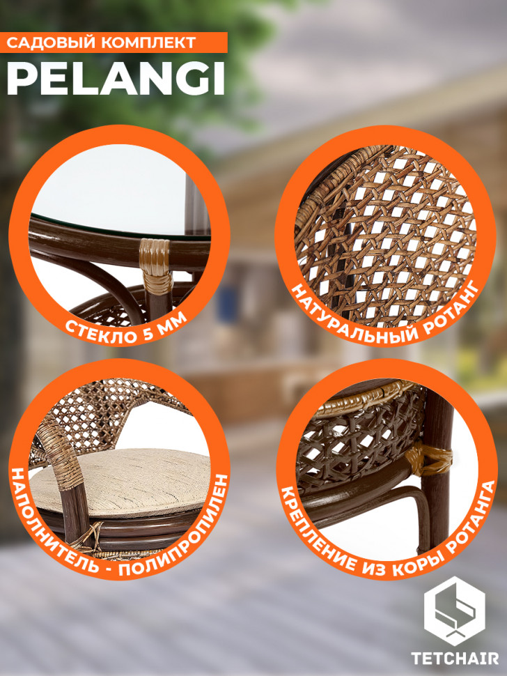 Комплект "PELANGI"  02/15 ( стол со стеклом + 4 кресла ) [без подушек] ротанг, кресло 65х65х77см, стол диаметр 64х61см, walnut (грецкий орех)