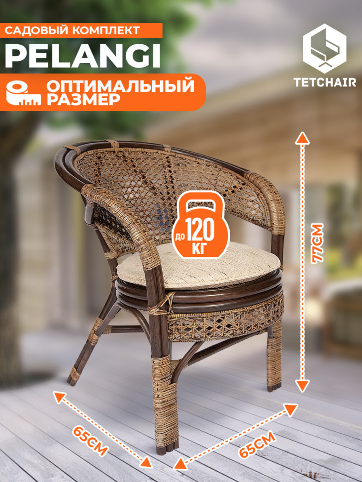 Комплект "PELANGI"  02/15 ( стол со стеклом + 4 кресла ) [без подушек] ротанг, кресло 65х65х77см, стол диаметр 64х61см, walnut (грецкий орех)