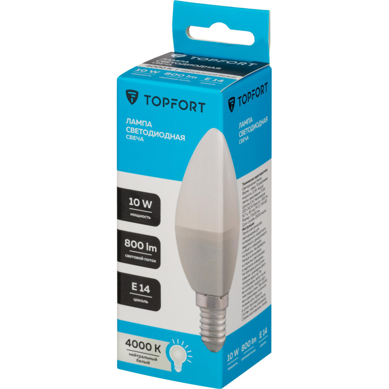 Лампа светодиодная Topfort E14 10W 4000K свеча