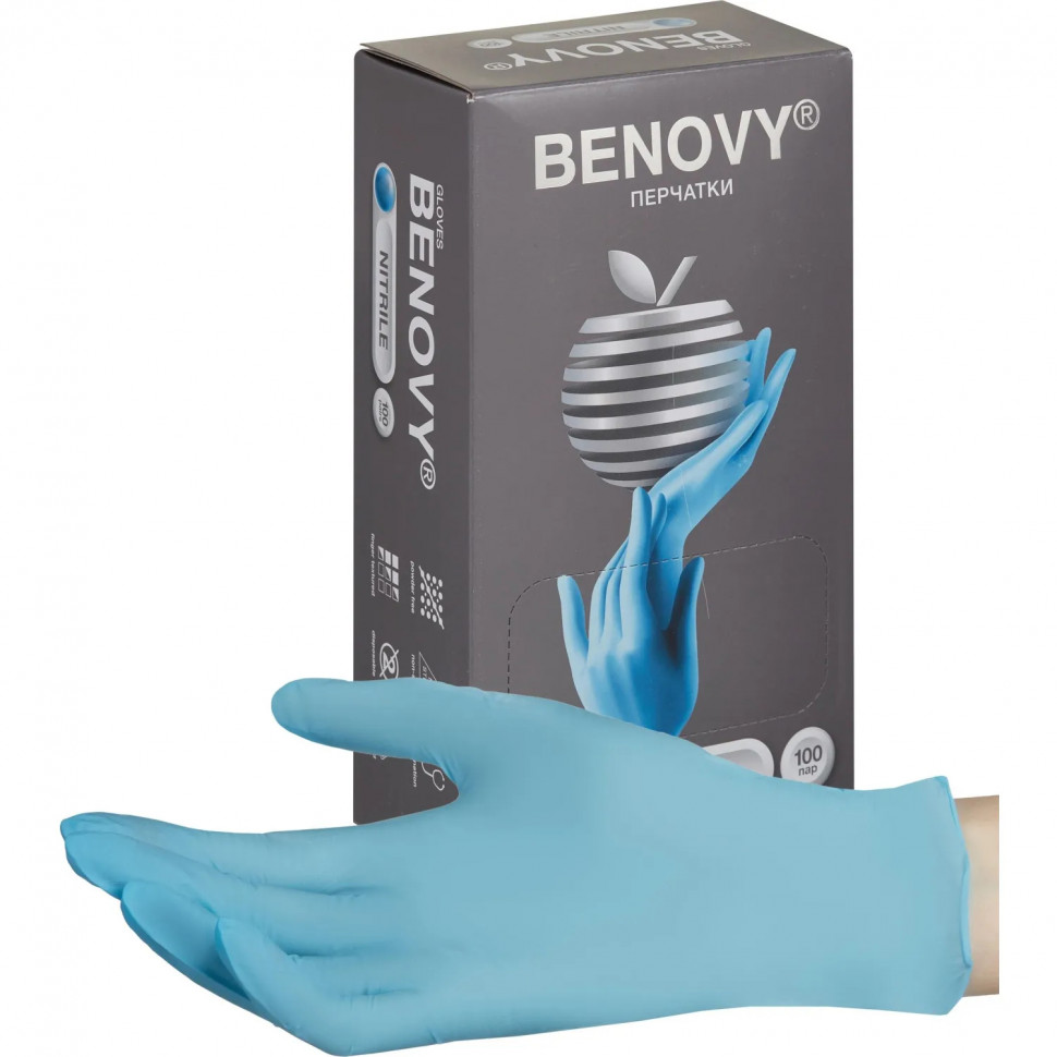 Перчатки нитрил., нестер., н/о, голубой Benovy (XS) 100пар/уп