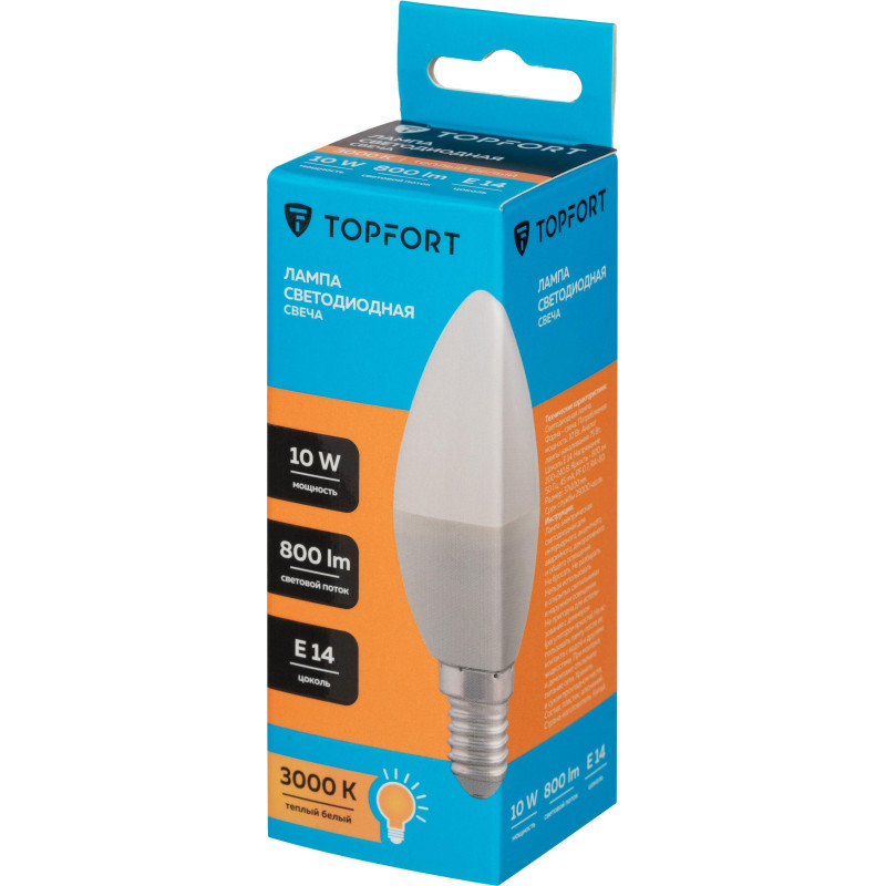 Лампа светодиодная Topfort E14 10W 3000K свеча