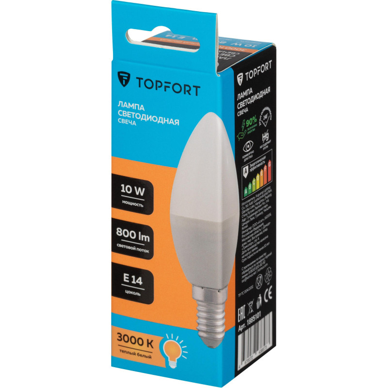 Лампа светодиодная Topfort E14 10W 3000K свеча