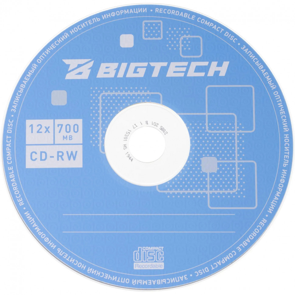 Носители информации Bigtech YCDRWB002 CD-RW/700 МБ/12x/10шт/уп cake box