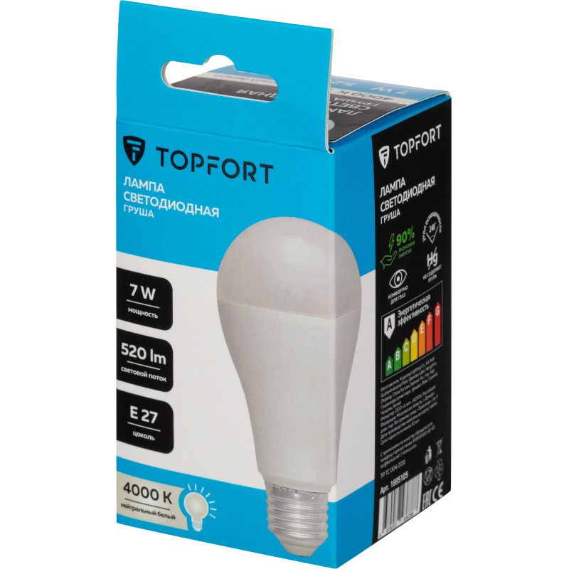 Лампа светодиодная Topfort E27 7W 4000K груша