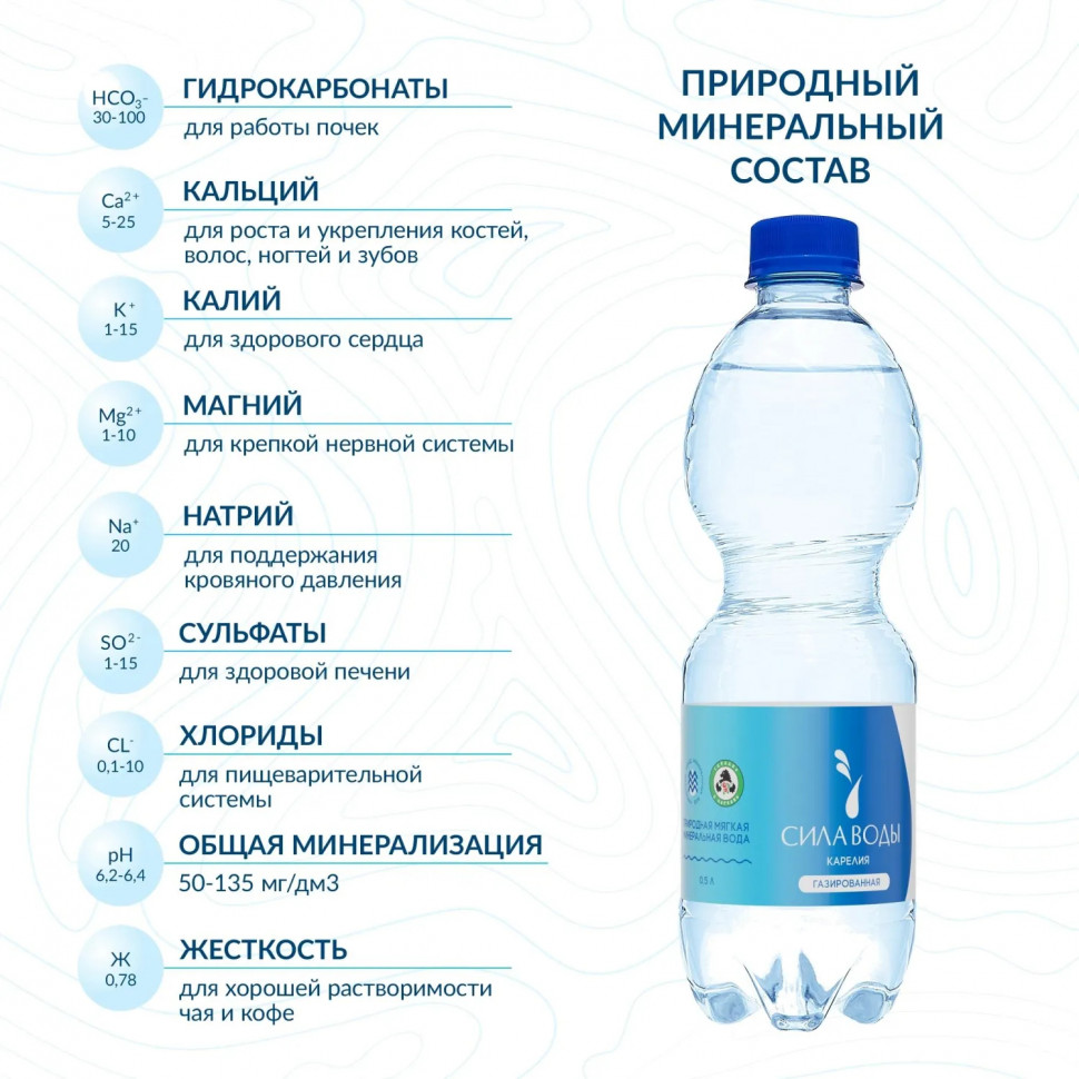 Вода минеральная Сила воды Карелия природ стол питьевая газ ПЭТ 0,5л СПб
