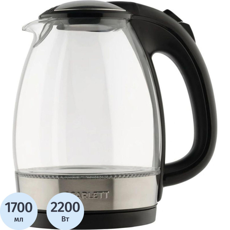 Чайник электрический SCARLETT SC-EK27G91, стекло, 2200Вт, 1.7л, черный