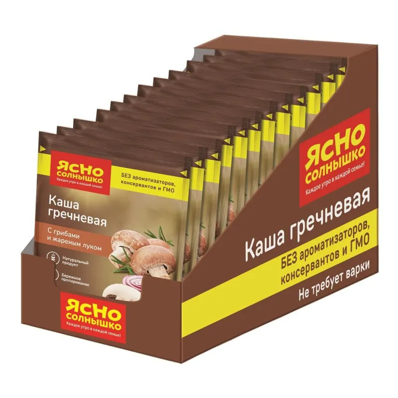 Каша Ясно Солнышко гречневая с грибами и жареным луком,шоу-бокс,45гх15шт/уп