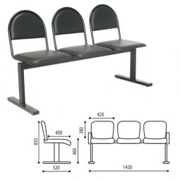 Кресло для посетителей трехсекционное "Тройка", 835х1420х520 мм, черный каркас, черный кожзам, СМ 91-03 К01