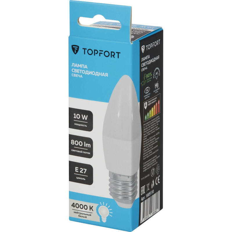 Лампа светодиодная Topfort E27 10W 4000K свеча