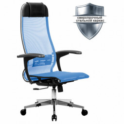Кресло офисное МЕТТА "К-4-Т" хром, прочная сетка, сиденье и спинка регулируемые, голубое