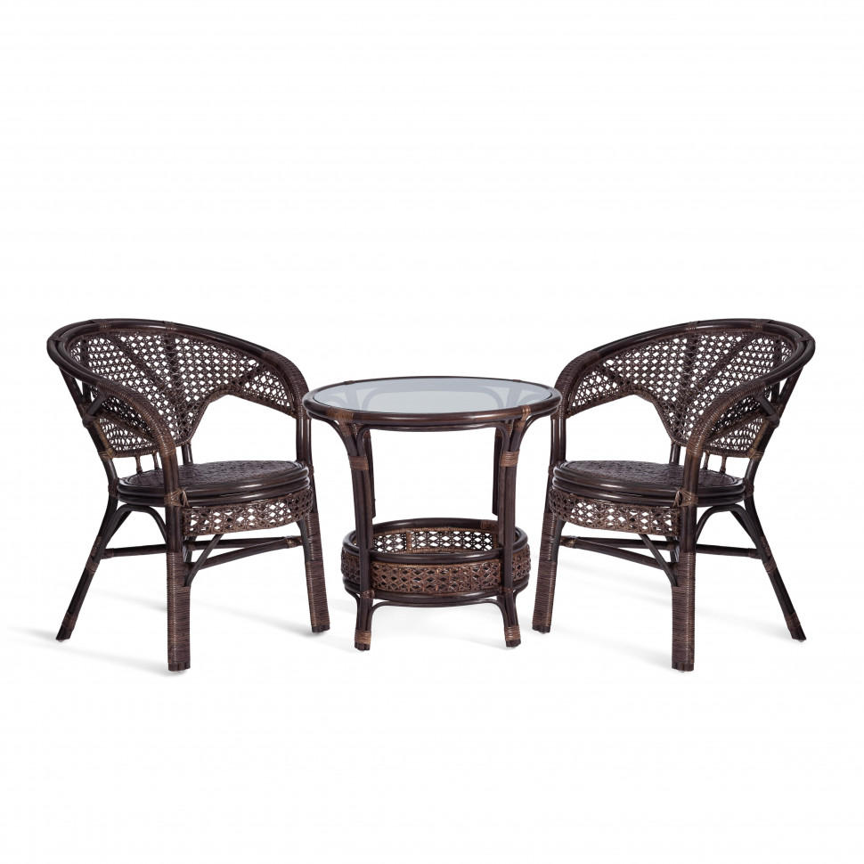 ТЕРРАСНЫЙ КОМПЛЕКТ "PELANGI" (стол со стеклом + 2 кресла) /без подушек/ ротанг, кресло 65х65х77см, стол диаметр 64х61см, walnut (грецкий орех)