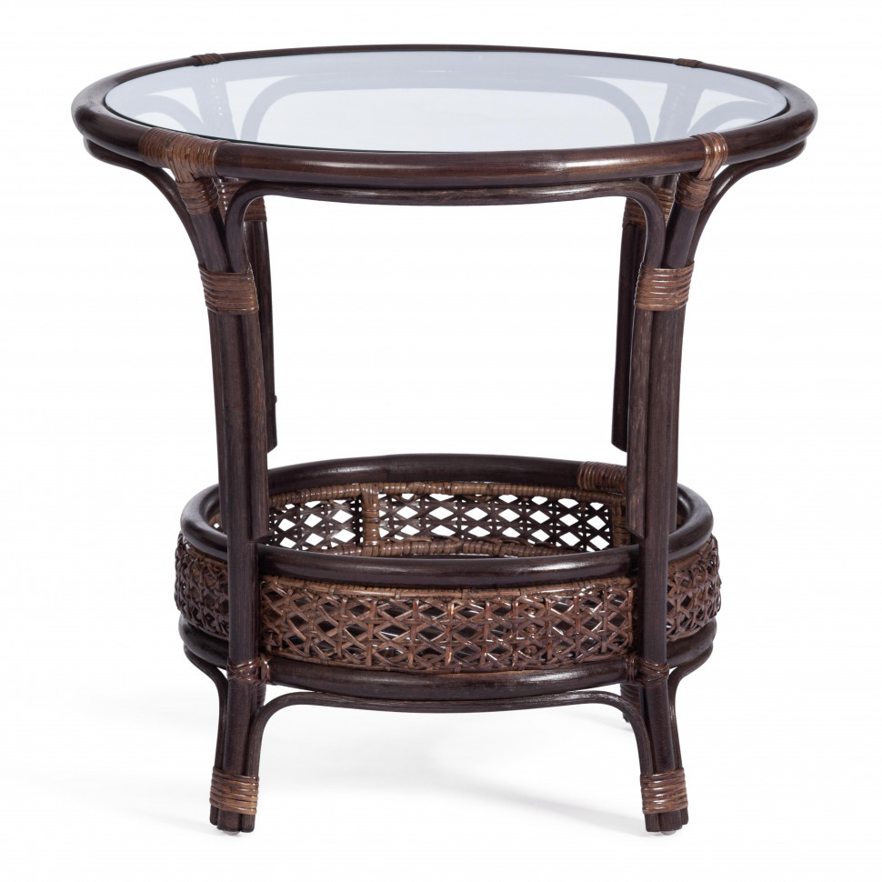 ТЕРРАСНЫЙ КОМПЛЕКТ "PELANGI" (стол со стеклом + 2 кресла) /без подушек/ ротанг, кресло 65х65х77см, стол диаметр 64х61см, walnut (грецкий орех)