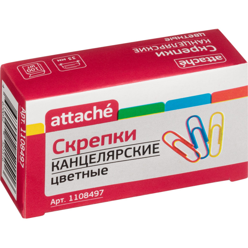 Скрепки Attache с полимерным покрытием,33 мм,разноцветные, 100 шт/уп Скрепки Attache с полимерным покрытием,33 мм,разноцветные, 100 шт/уп