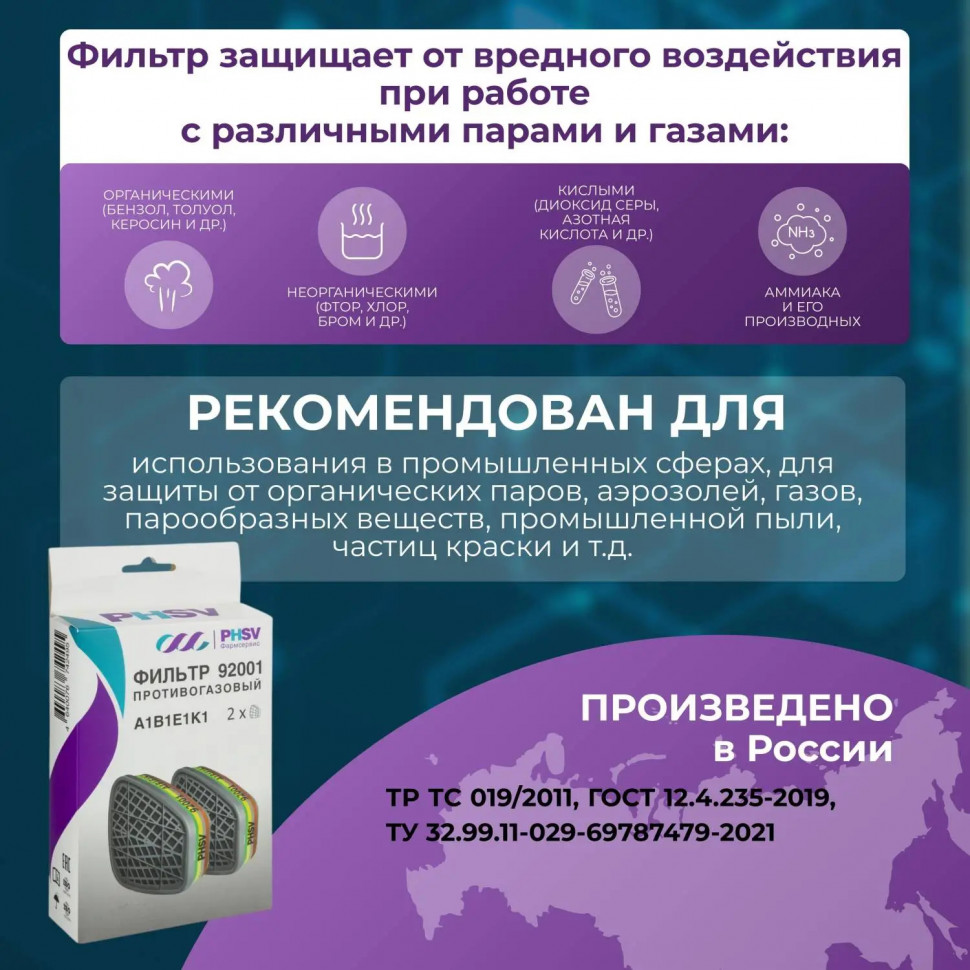 Фильтр противогазовый PHSV 92001, А1В1Е1К1, 2 шт/уп