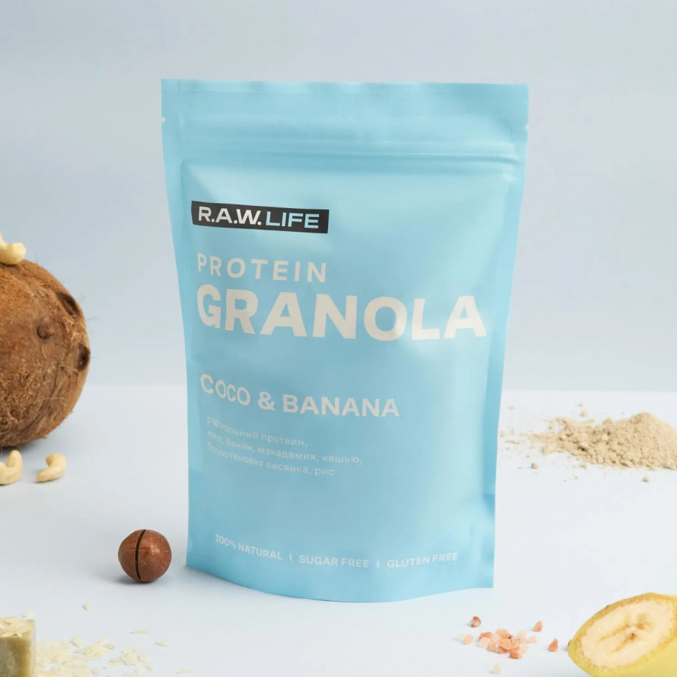 Гранола протеиновая R.A.W.LIFE Кокос-Банан, 220г