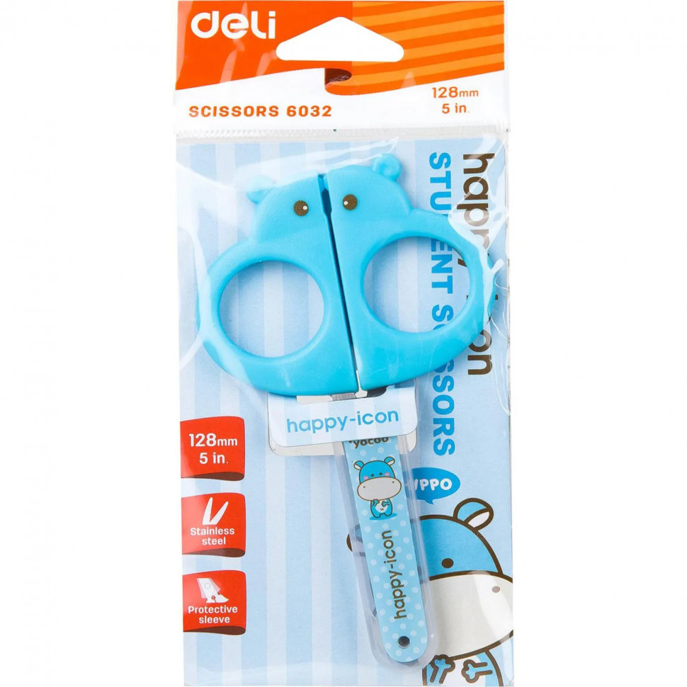 Ножницы детские 128мм Deli E6032-BLUE, симм.пласт.ручки,защитн.колп,голубой