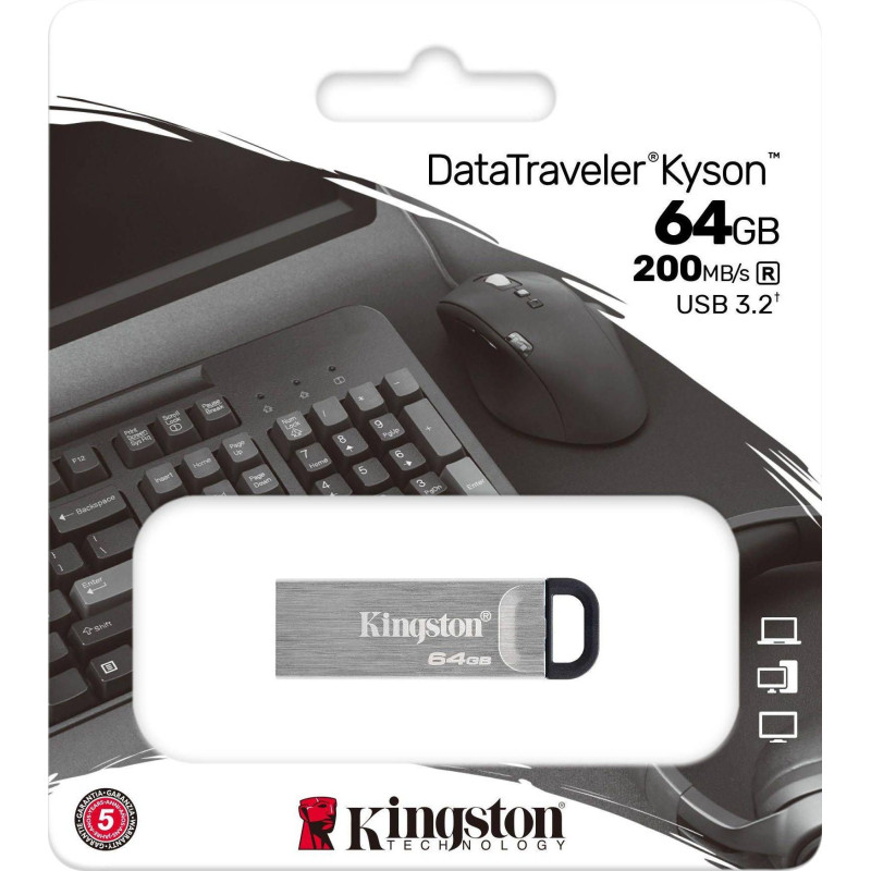 Флеш-память Kingston DataTraveler Kyson, USB 3.2 G1, сереб, DTKN/64GB