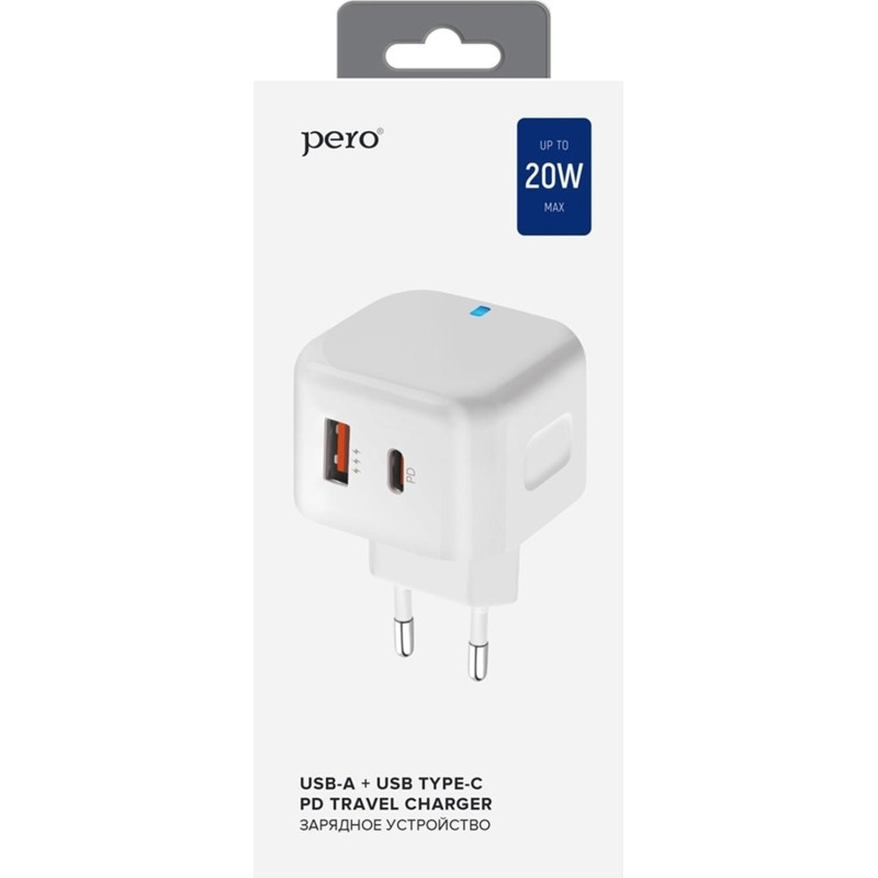 Зарядное устройство сетевое PERO TC10 USB-C 20W + USB-A Fast Charge белый