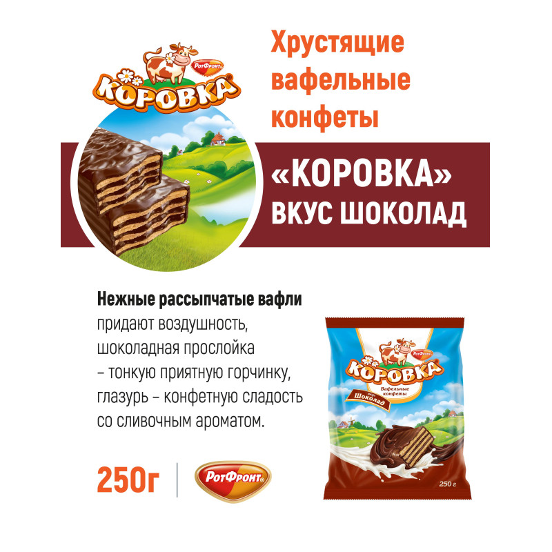 Конфеты шоколадные Коровка вафельные вкус шоколад, 250г