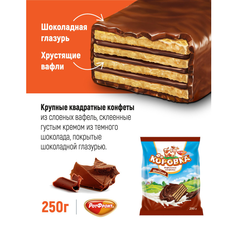 Конфеты шоколадные Коровка вафельные вкус шоколад, 250г