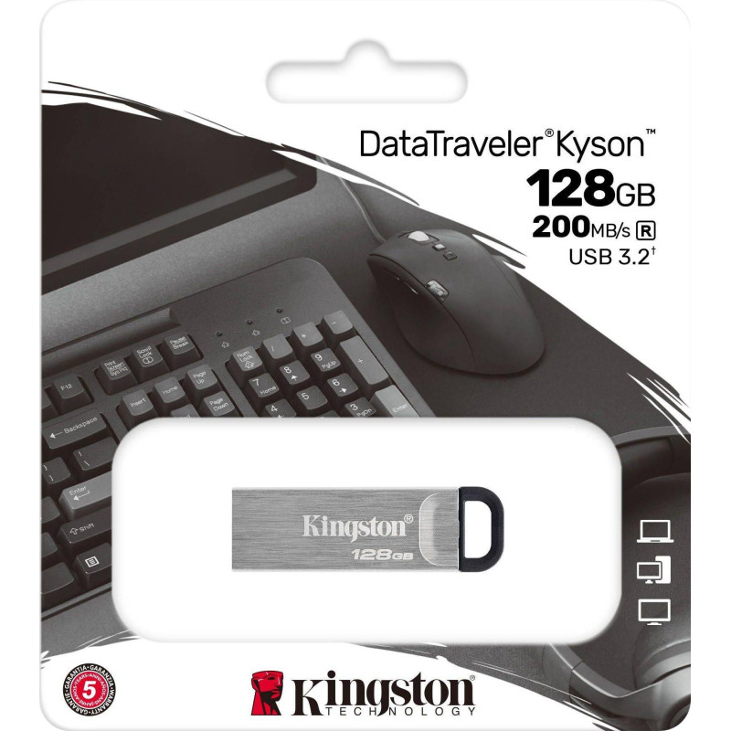Флеш-память Kingston DataTraveler Kyson, USB 3.2 G1, сереб, DTKN/128GB Флеш-память Kingston DataTraveler Kyson, USB 3.2 G1, сереб, DTKN/128GB
