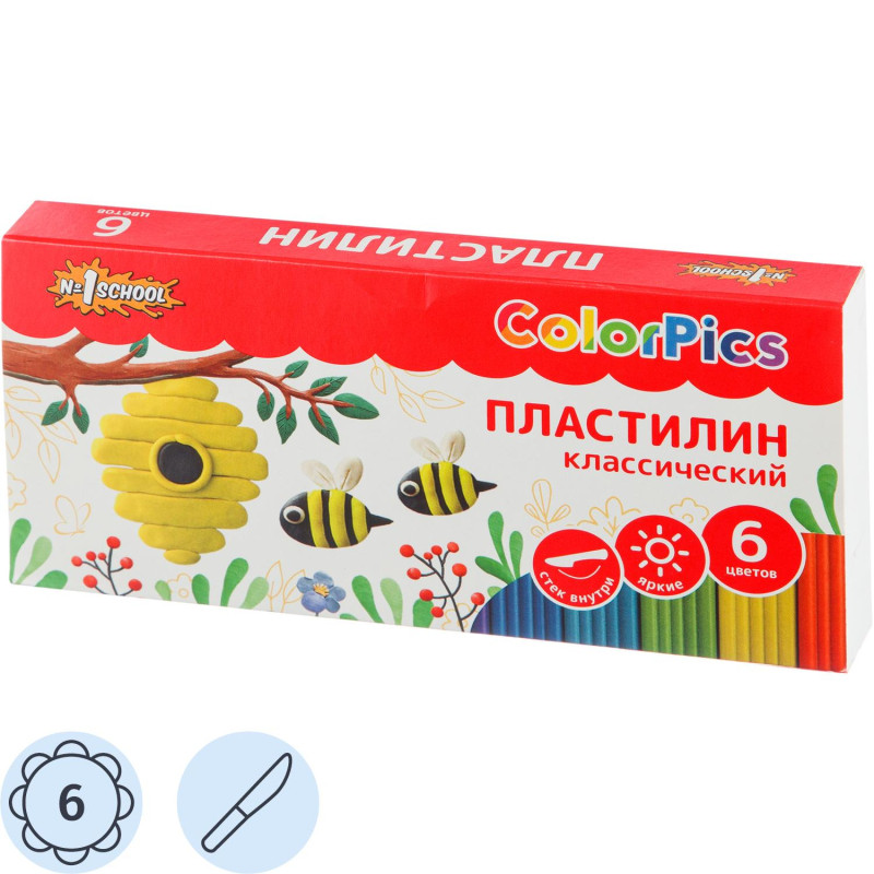 Пластилин классический №1 School ColorPics набор 6цв 120г со стеком