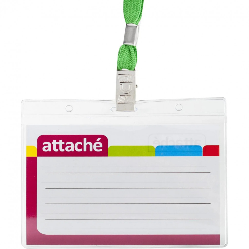 Бейдж Attache 120х87мм (113х70мм)гориз.,металл зажим,тесьма зелен. 10шт/уп