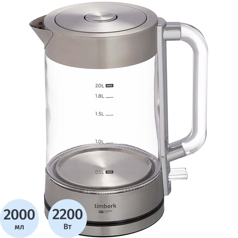 Чайник электрический Timberk T-EK27G04, стекло, 2200Вт, 2л, белый