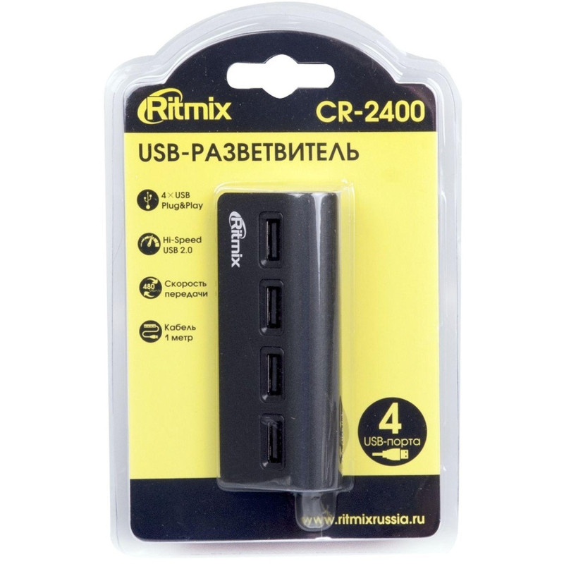 Разветвитель USB Ritmix CR-2400 Black (USB хаб) 4 порта USB (15118095) Разветвитель USB Ritmix CR-2400 Black (USB хаб) 4 порта USB (15118095)