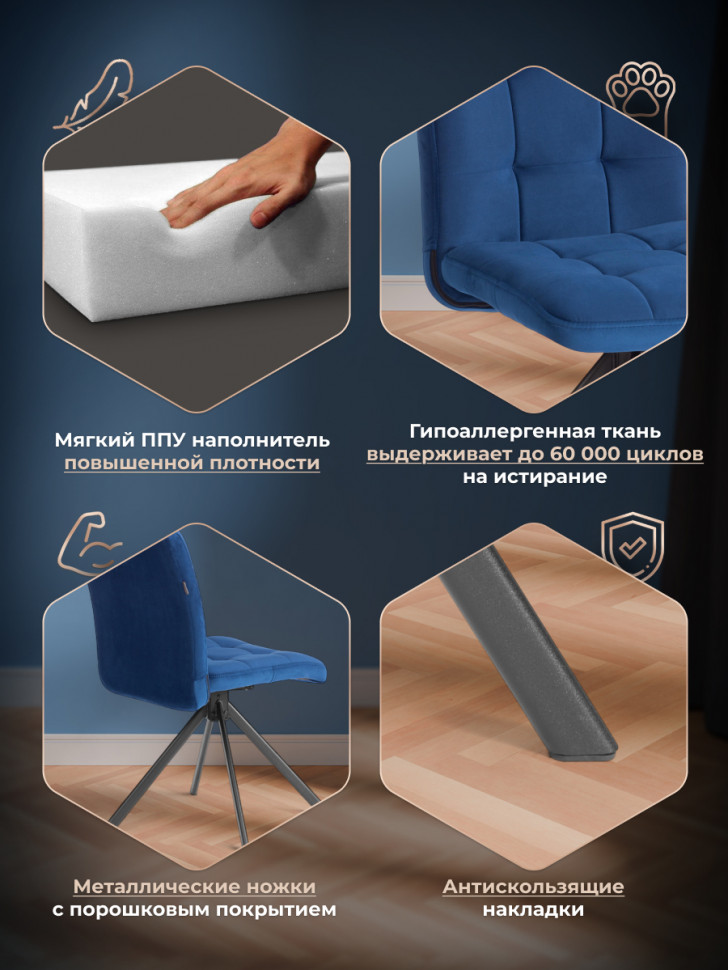 Стул обеденный Medeo поворотный механизм 360, велюр, Blue (синий)