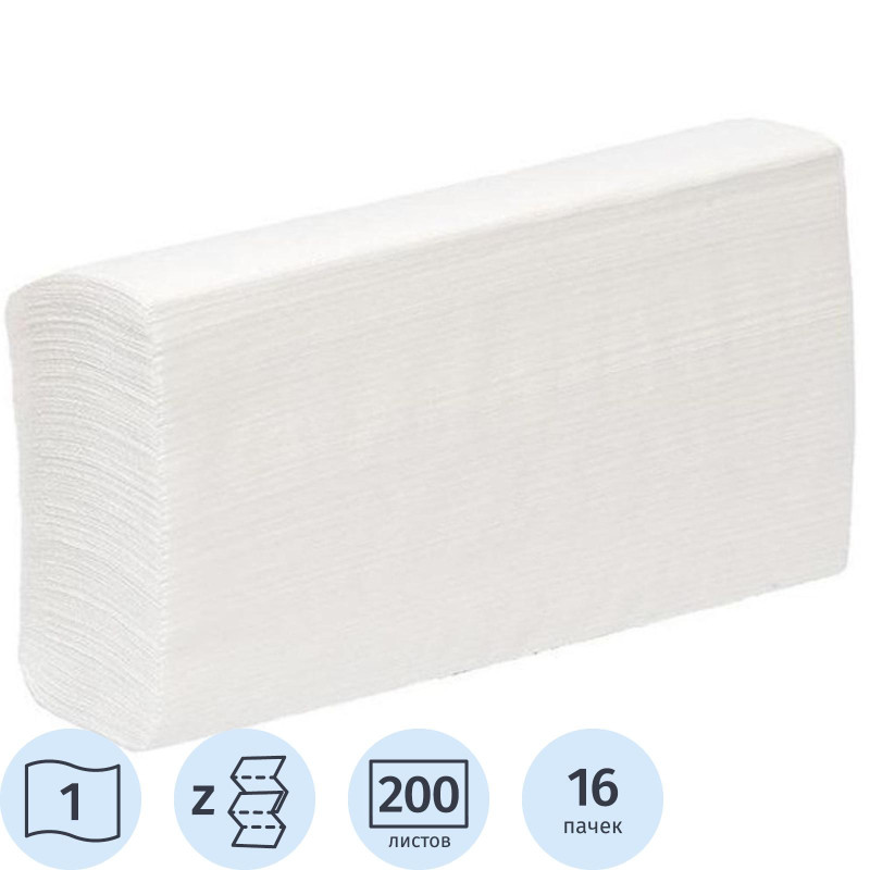 Полотенца бумажные листовые Z, 1 -сл, 200 листов 23х23 ПБ Z-1-200, 16шт/уп