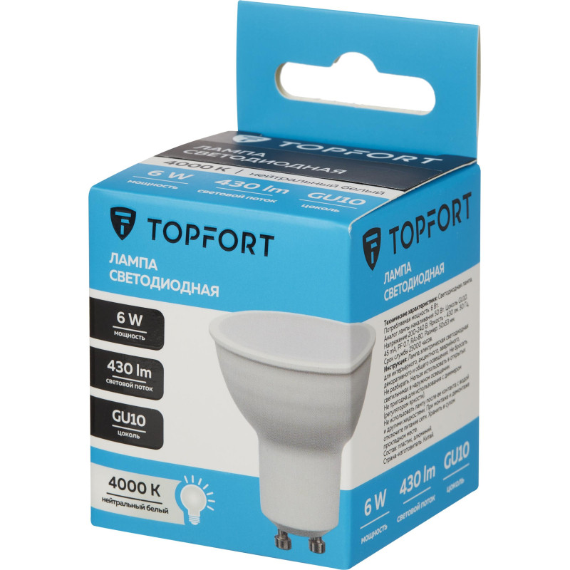 Лампа светодиодная Topfort GU10 6W 4000K